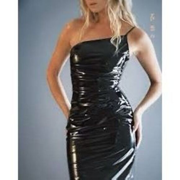 NWT Avec Les Files Faux-Ever Leather One Shoulder Dress - Picture 2 of 6